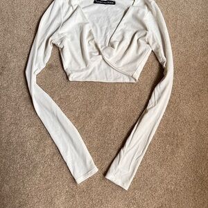 naked wardrobe Ivory Long Sleeve Wrap Crop Top